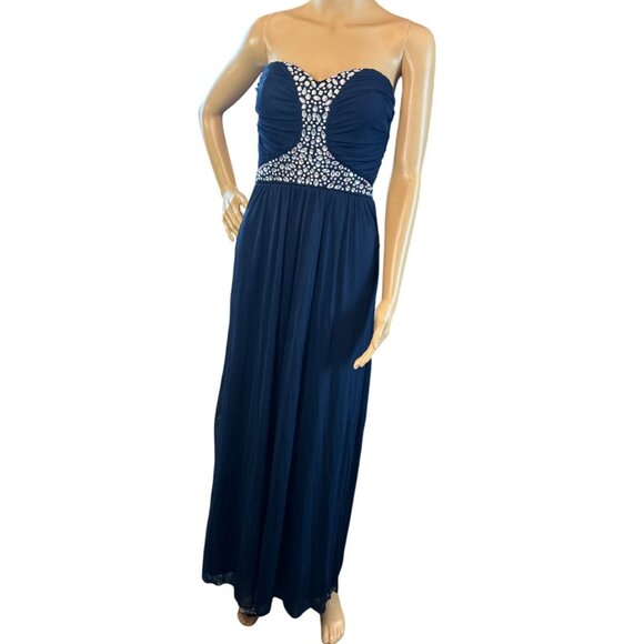 Rhinestone Embellished Floor Length Strapless Formal Gown in Midnight Blue - Picture 2 of 8